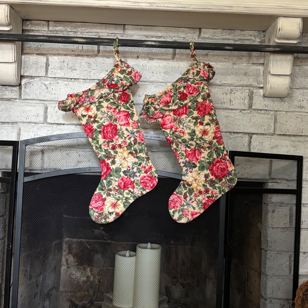 VTG Victorian Quilted Floral Christmas Stockings Ruffled Rose Poinsettia Cottage